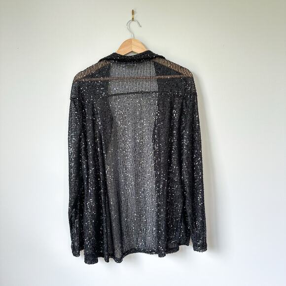 Porter Collective Sequins Townes Sheer Button Front Long Sleeve Blouse Black L - Picture 3 of 8